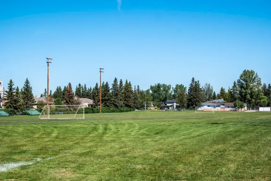 Grass playing field with a soccer goal in Pump Hill